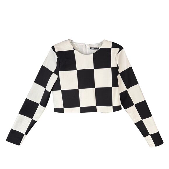 ZARA Checkerboard Long Sleeve Crop Top Size S ASO Wednesday Addams NWOT Costume - Picture 1 of 12